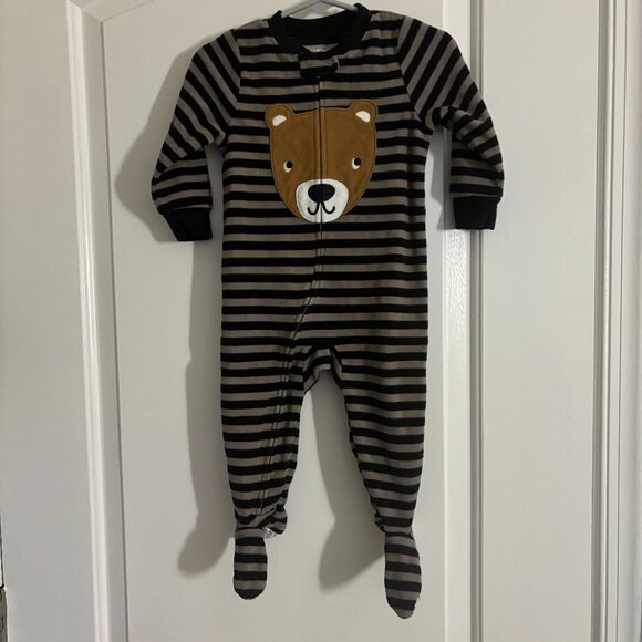 Carters Fleece Striped Footie Sleeper with Bear Design, 12 months - Picture 1 of 5